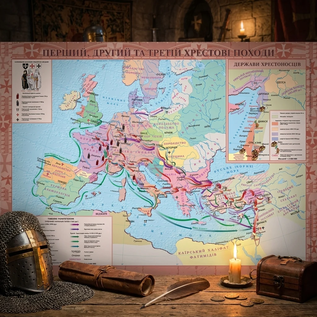 Карта. Перший, другий, третій  хрестові походи 1096-1192 рр. 100*70 ламінація/планки