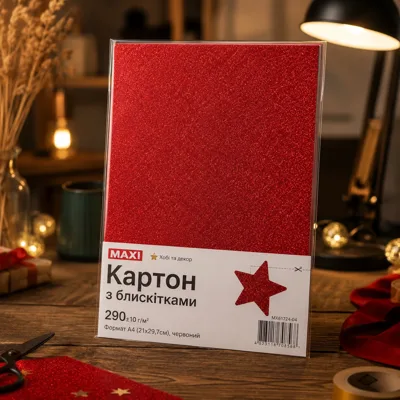 Картон з блискітками 290±10 г/м 2. Формат A4 (21х29,7см), червоний