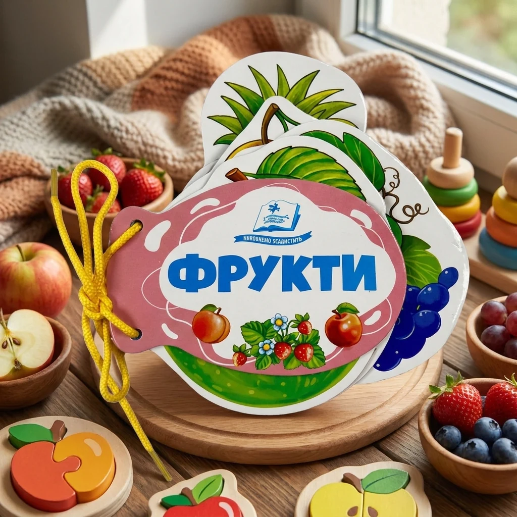 Картонка зі шнурком 12х15.Розумні книжки для малюків.Фрукти