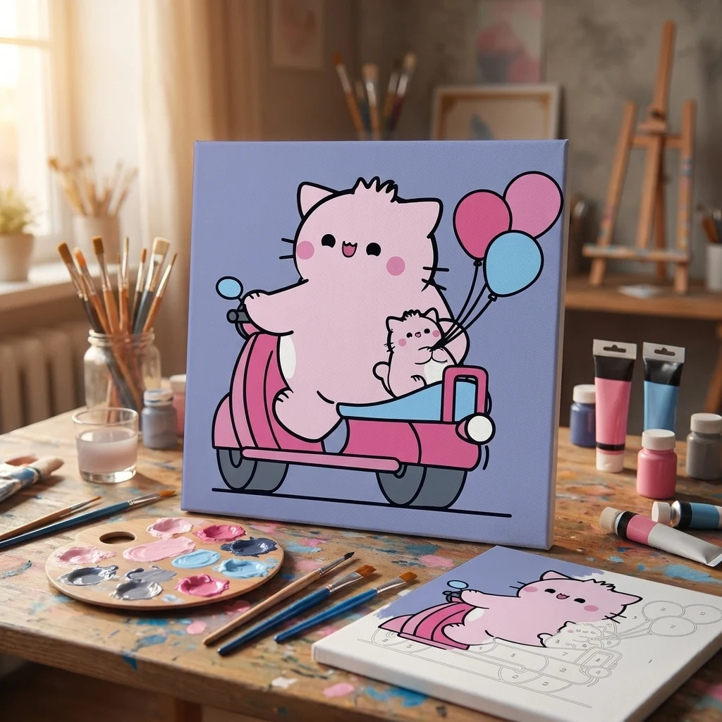 Картина за номерами 25*25 см "Pembe the Cat. Котик на скутері" акрил