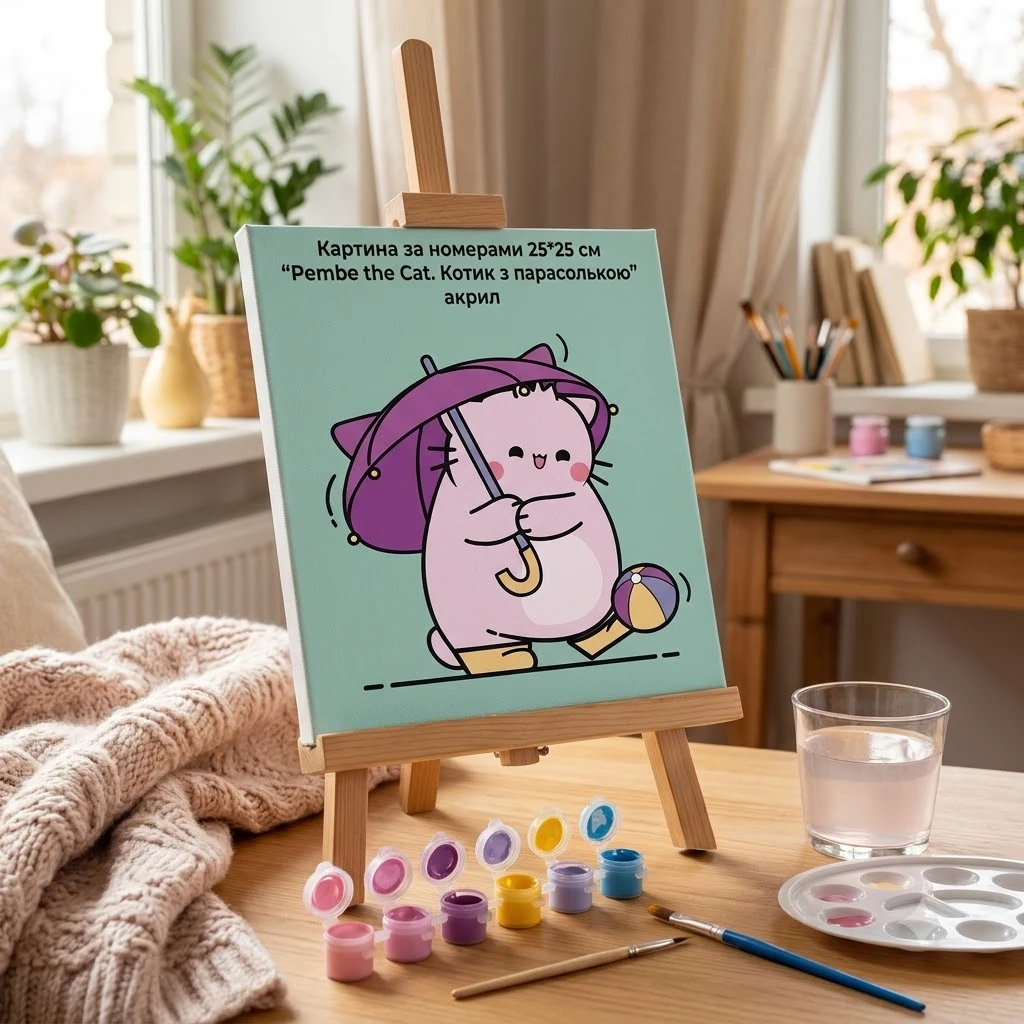Картина за номерами 25*25 см "Pembe the Cat. Котик з парасолькою" акрил