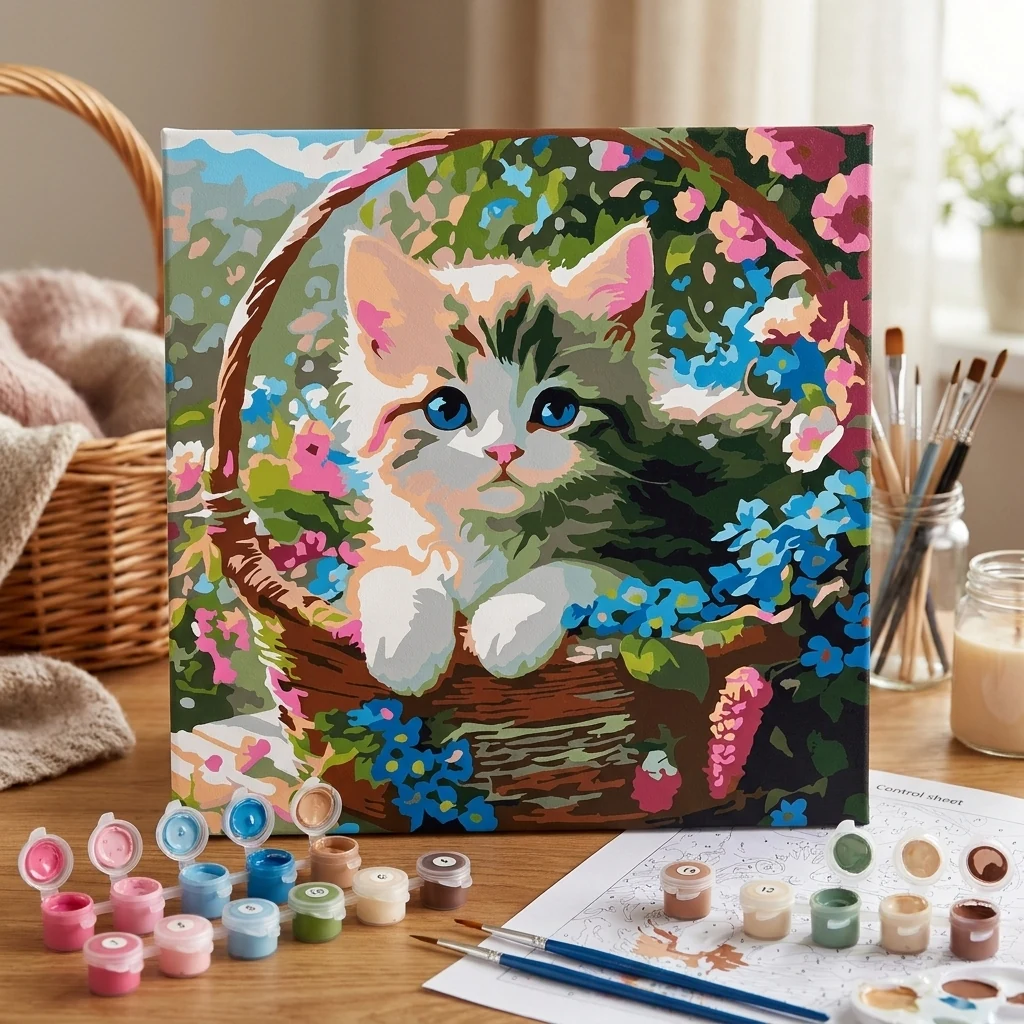 Картина за номерами 30*30 см на ґрунтованому ДВП без коробки "Котик" акрил