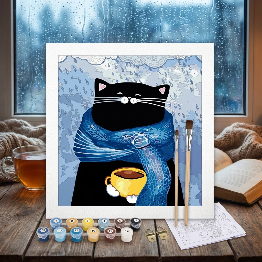 Картина за номерами 30*30 см на ґрунтованому ДВП без коробки "Котик з кавою" акрил