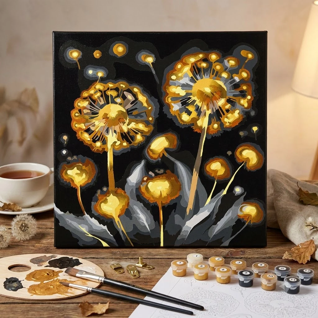 Картина за номерами 30*30 см на ґрунтованому ДВП без коробки Кульбабки фарби металік