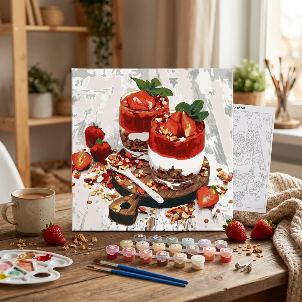 Картина за номерами 30*30 см на ґрунтованому ДВП без коробки "Полуничний десерт"