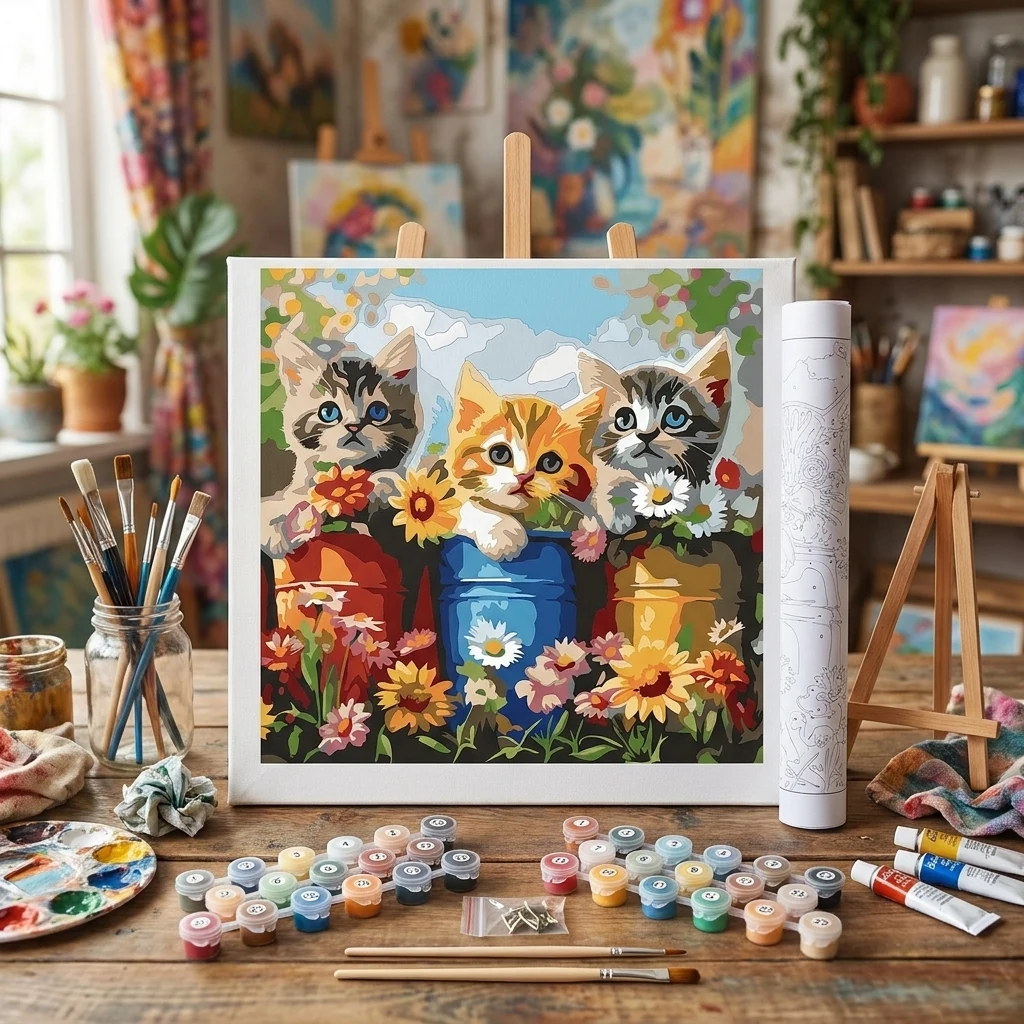 Картина за номерами 30*30 см на ґрунтованому ДВП без коробки "Три котика" акрил