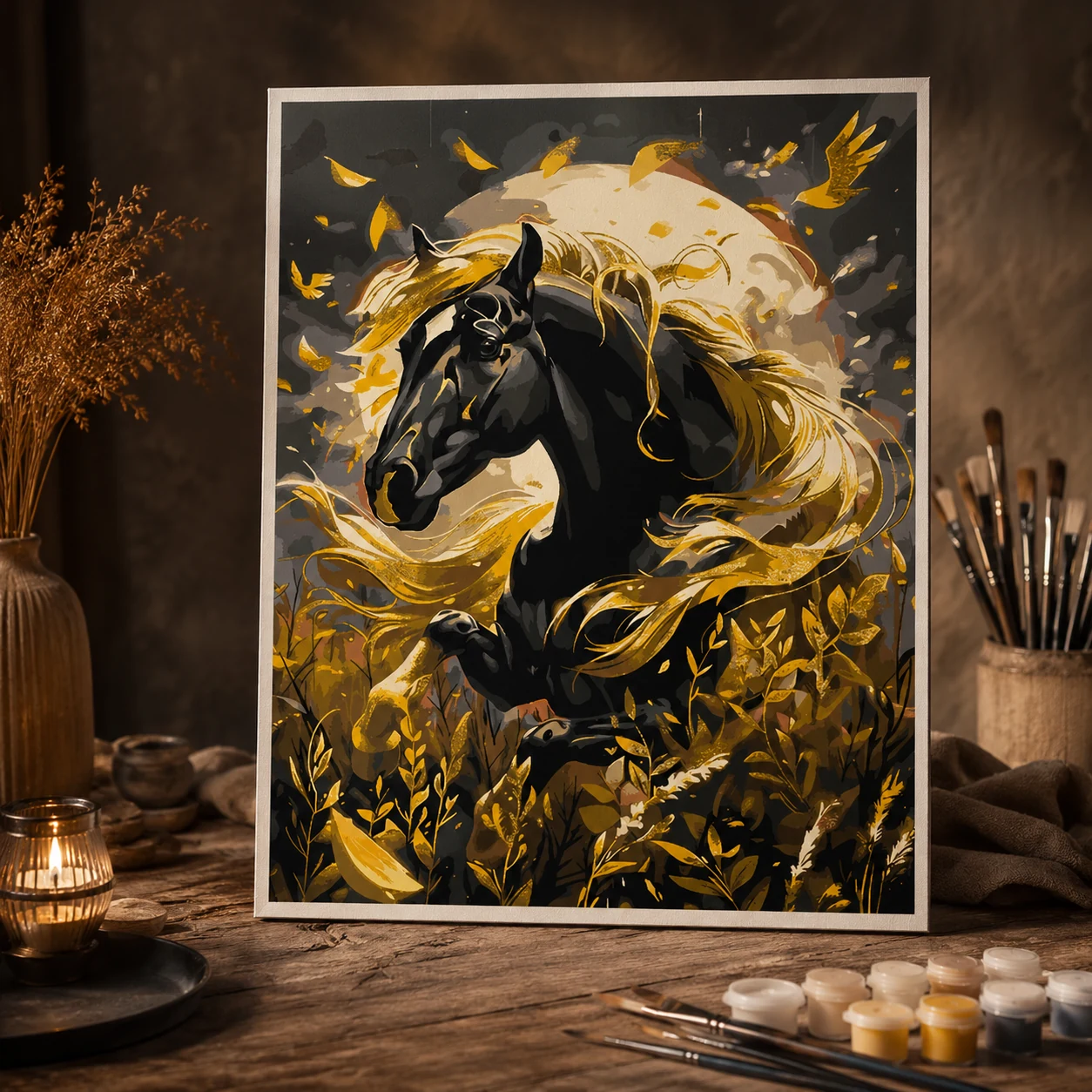 Картина за номерами Origami UA Чорний кінь з фарбами металік 40х50 см LW 31200 — Картини за номерами