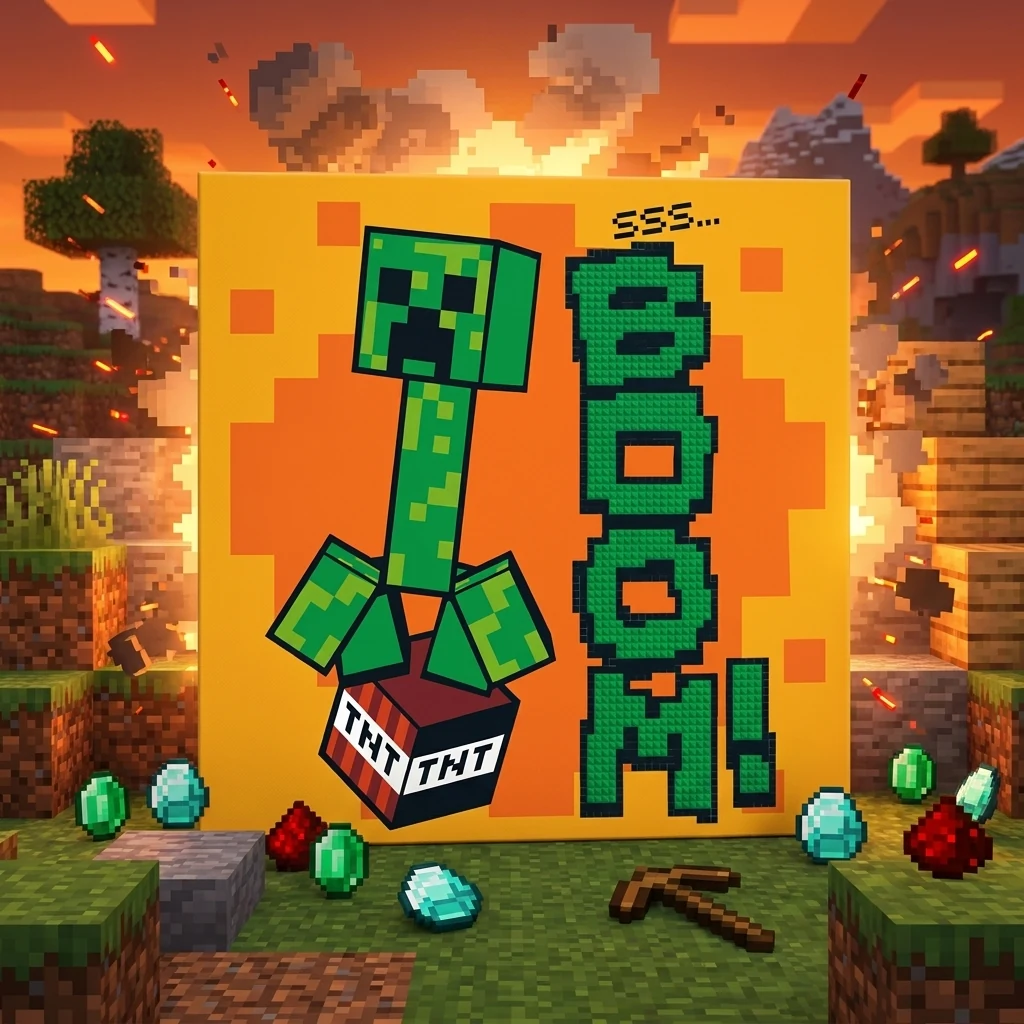 Картина за номерами з алмазною мозаїкою 25*25 см "Minecraft. Крипер БУУМ!" акрил