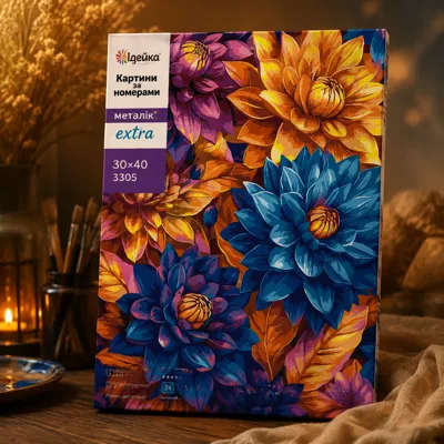 Картини за номерами Ідейка Яскраві жоржини з фарбами металік extra 30х40см 3305