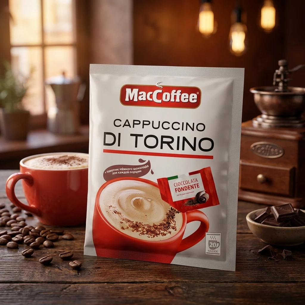 Кава 3в1 MacCoffee Cappuccino Di Torino з темним шоколадом 25г — Продукти та напої