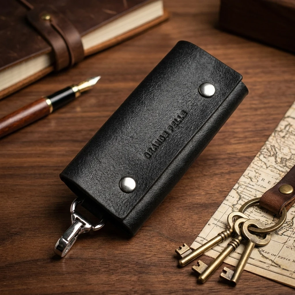 Ключниця шкіра 11*5 см на двох кнопках, чорного кольору, Grande Pelle