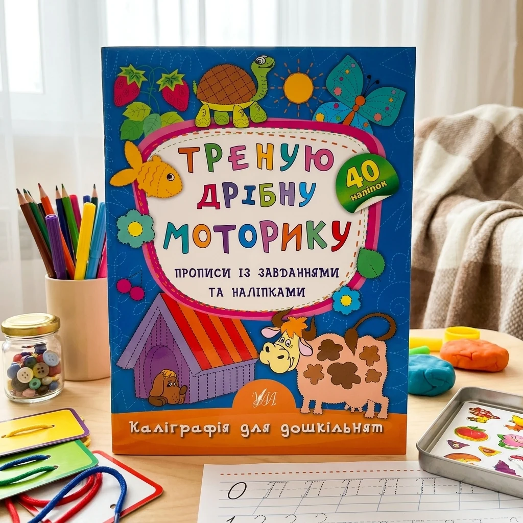 Книга Каліграфія для дошкільнят Треную дрібну моторику Прописи із завданнями та наліпками УЛА 20471