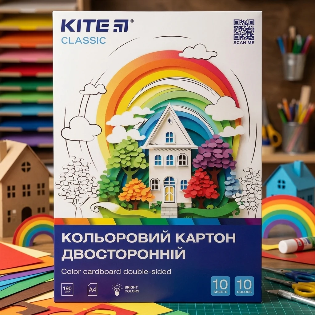 Кольоровий картон А4 двосторонній 10 аркушів, 10 кольорів "Classic" Kite