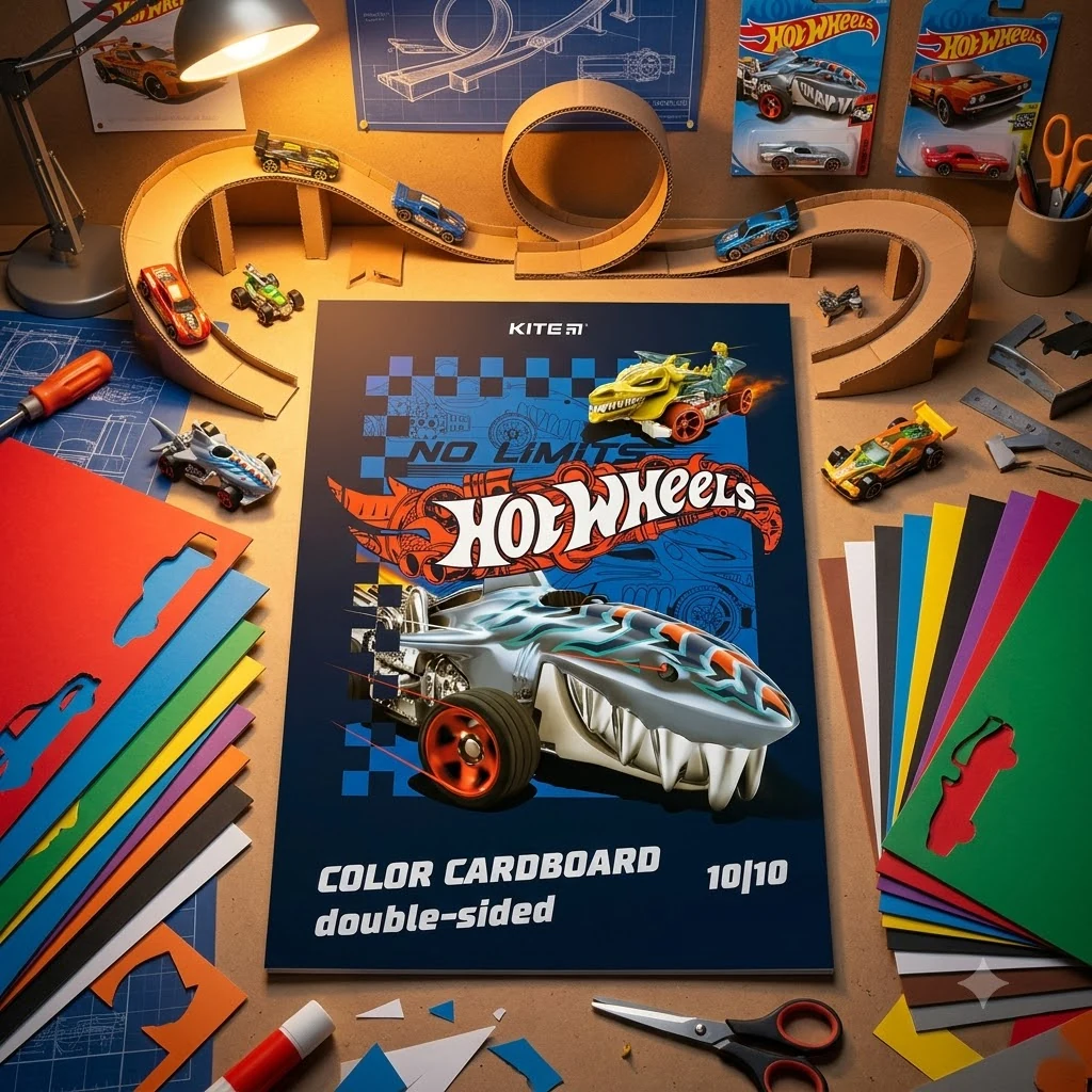 Кольоровий картон А4 двосторонній 10 аркушів, 10 кольорів "Hot Wheels" Kite
