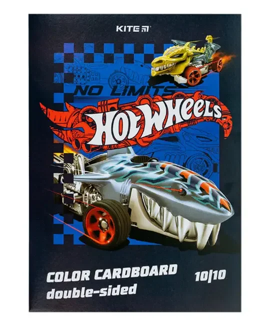 Кольоровий картон А4 двосторонній 10 аркушів, 10 кольорів "Hot Wheels" Kite