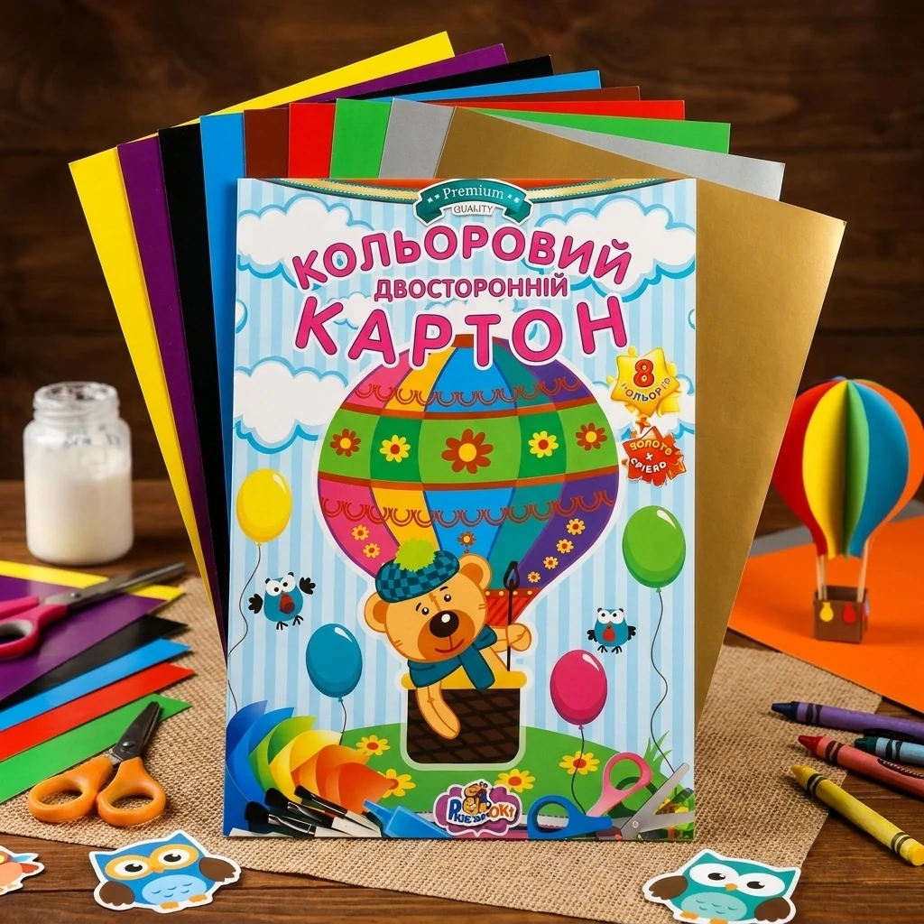 Кольоровий картон А4 двосторонній 10аркушів, 8 кольорів + золото та срібло