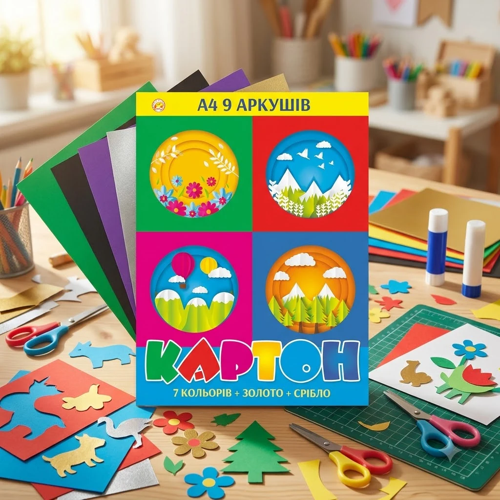 Кольоровий картон односторонній А4, 9аркушів, 7 кольорів + золото та срібло, Тетрада
