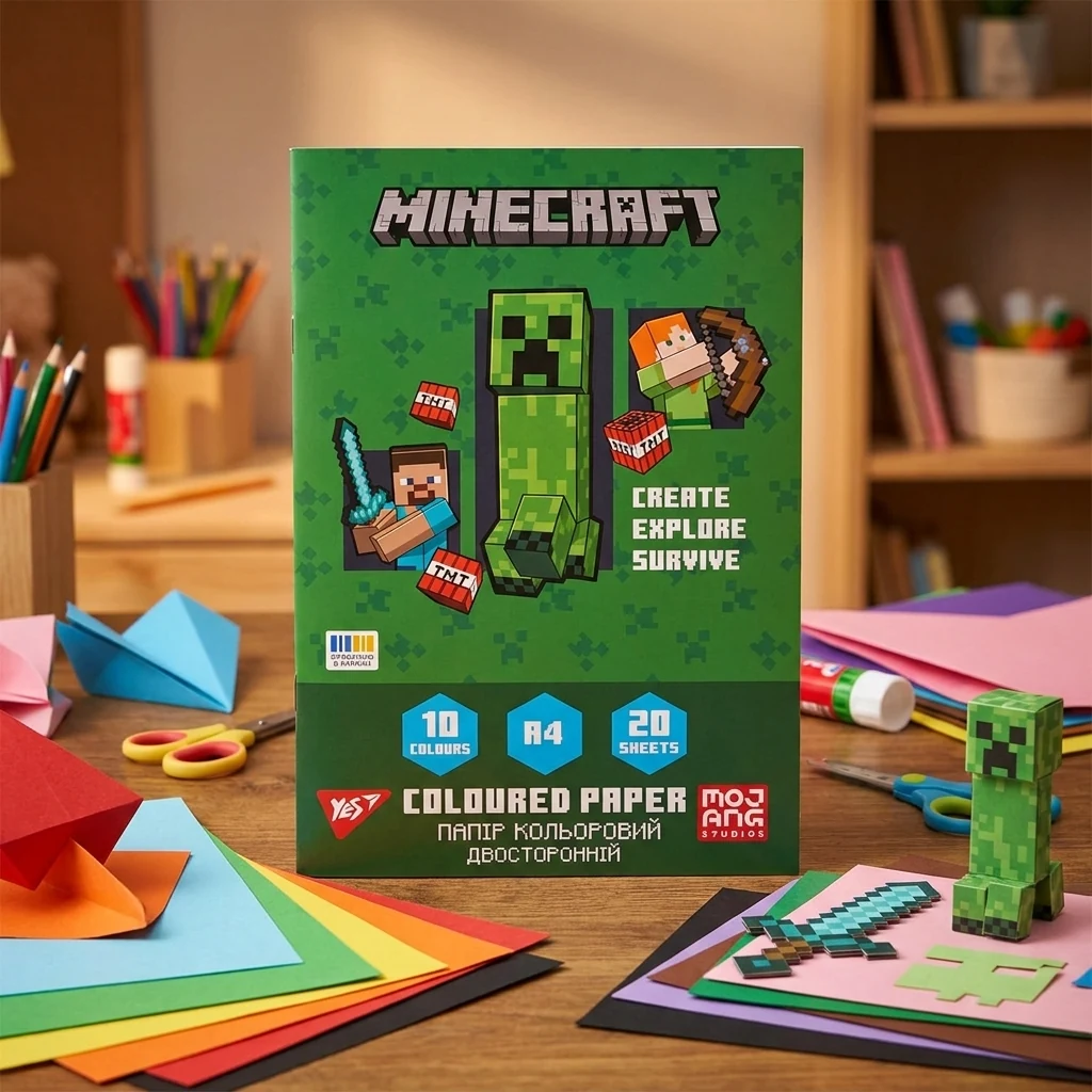Кольоровий папір А4 двосторонній, офсет (20 аркушів, 10 кольор.) "Minecraft" Yes