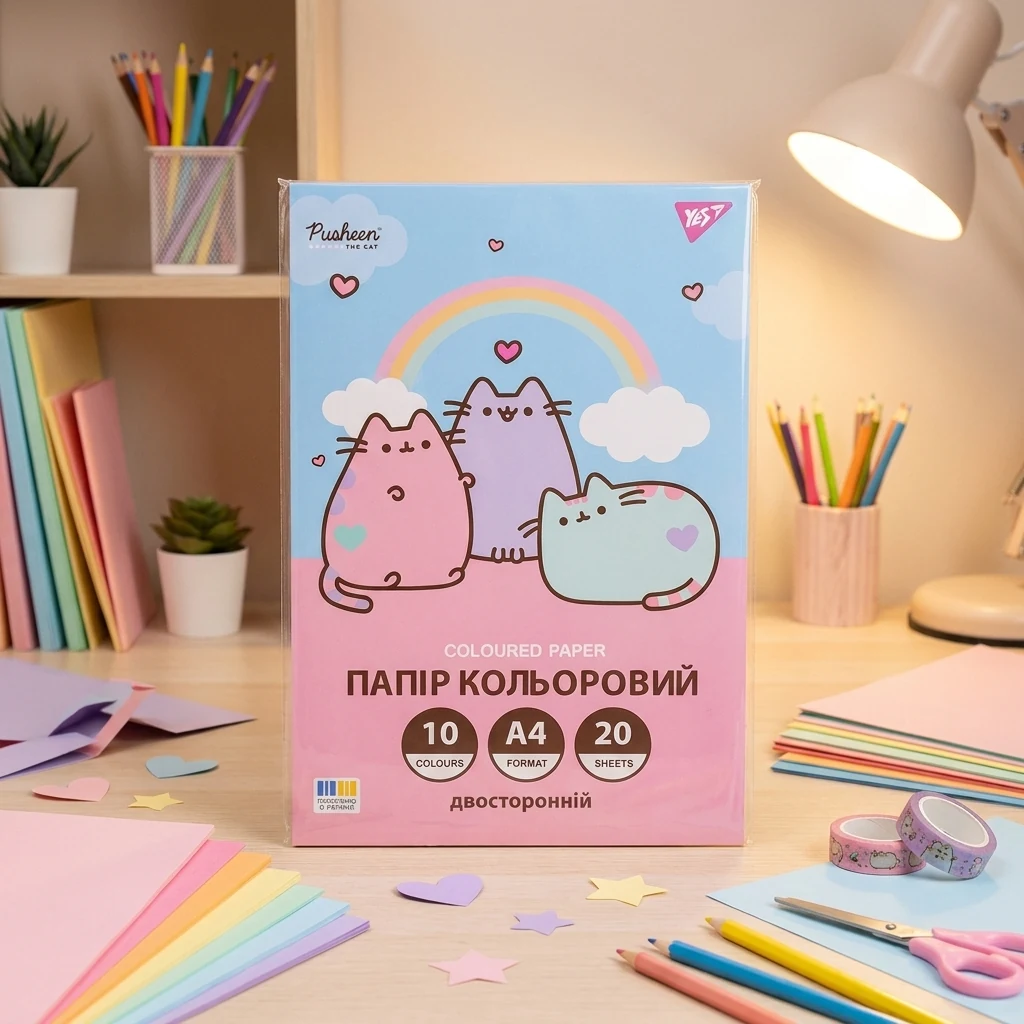 Кольоровий папір А4 двосторонній, офсет (20 аркушів, 10 кольор.) "Pusheen" Yes