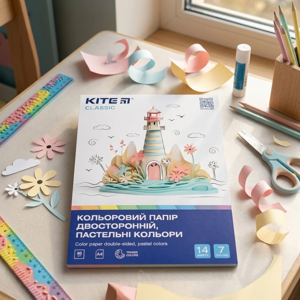 Кольоровий папір А4 двосторонній, пастель (7 кольорів, 14 аркушів) " Classic" Kite