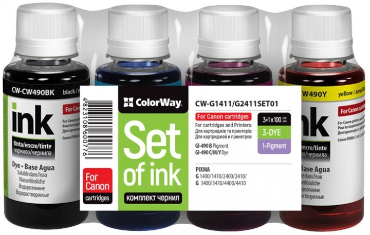 Комплект чорнил ColorWay Canon GI-490 G1411/G2411/G3411 (4х100 мл) (CW-CP490/CW490SET01) — фото 2