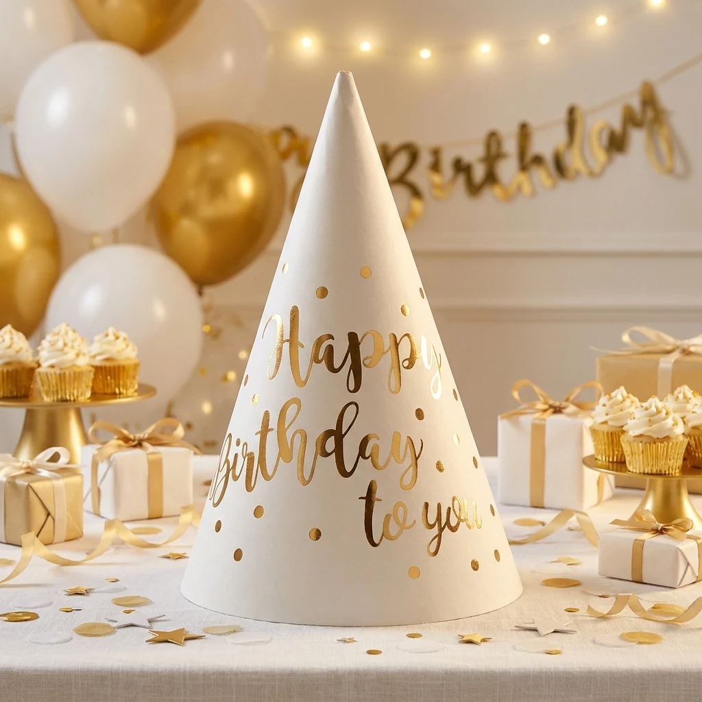Ковпачок паперовий 20см - набір 6 штук "Happy birthday" білий