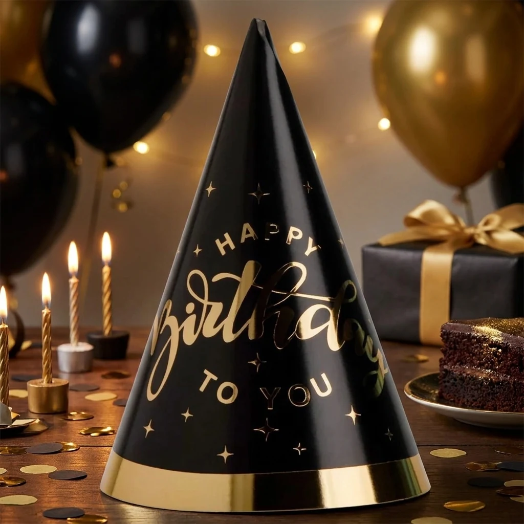 Ковпачок паперовий 20см - набір 6 штук "Happy birthday" чорний