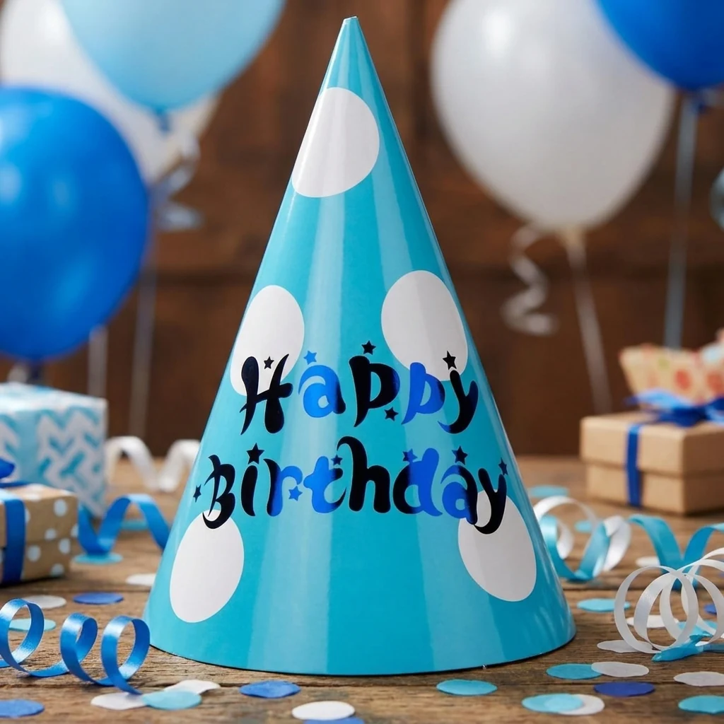 Ковпачок паперовий 24см - набір 6 штук "Happy birthday" блакитний