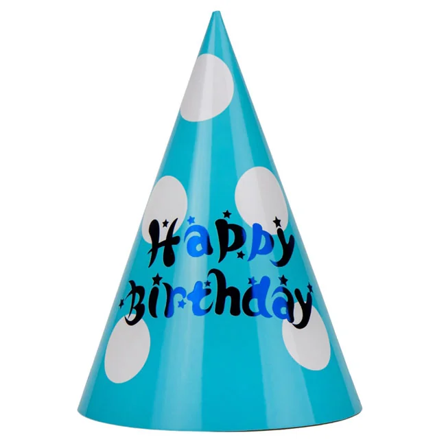 Ковпачок паперовий 24см - набір 6 штук "Happy birthday" блакитний