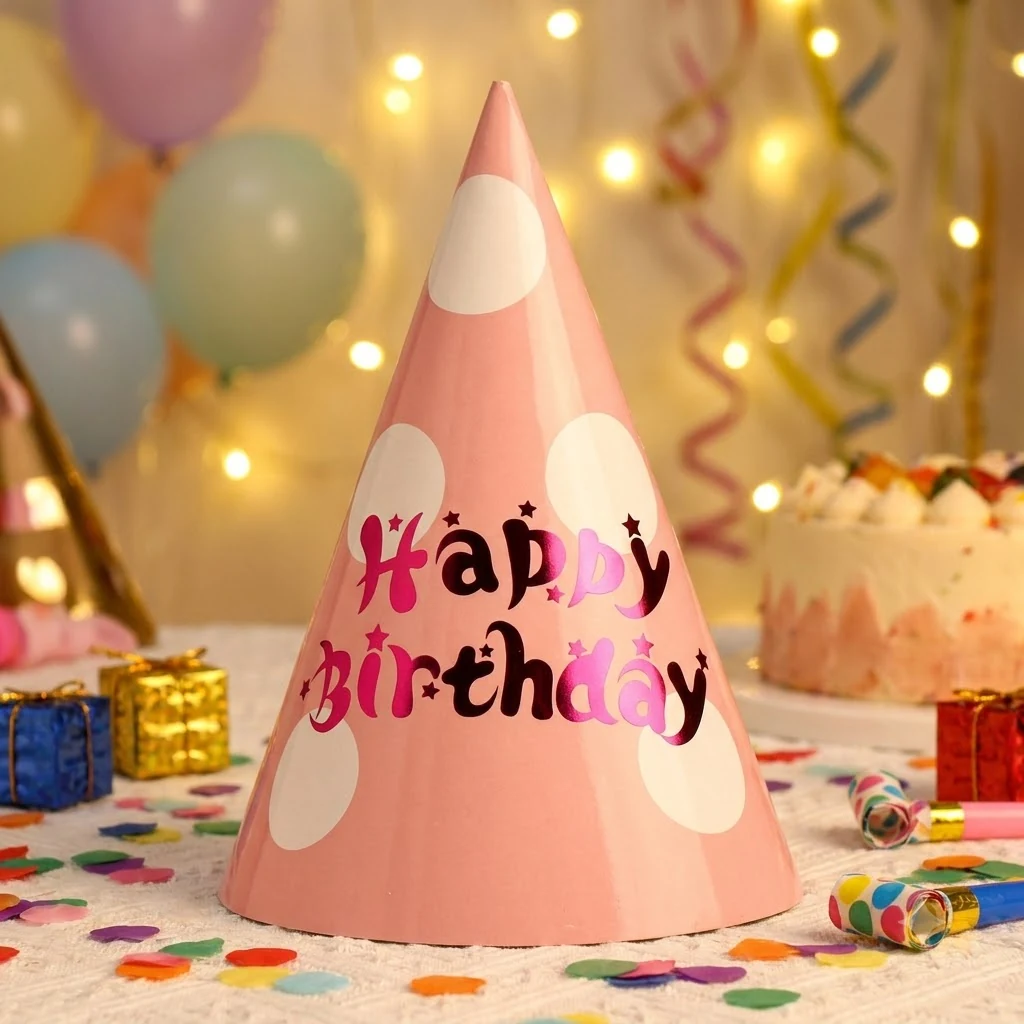 Ковпачок паперовий 24см - набір 6 штук "Happy birthday" рожевий