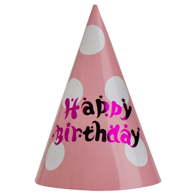 Ковпачок паперовий 24см - набір 6 штук "Happy birthday" рожевий