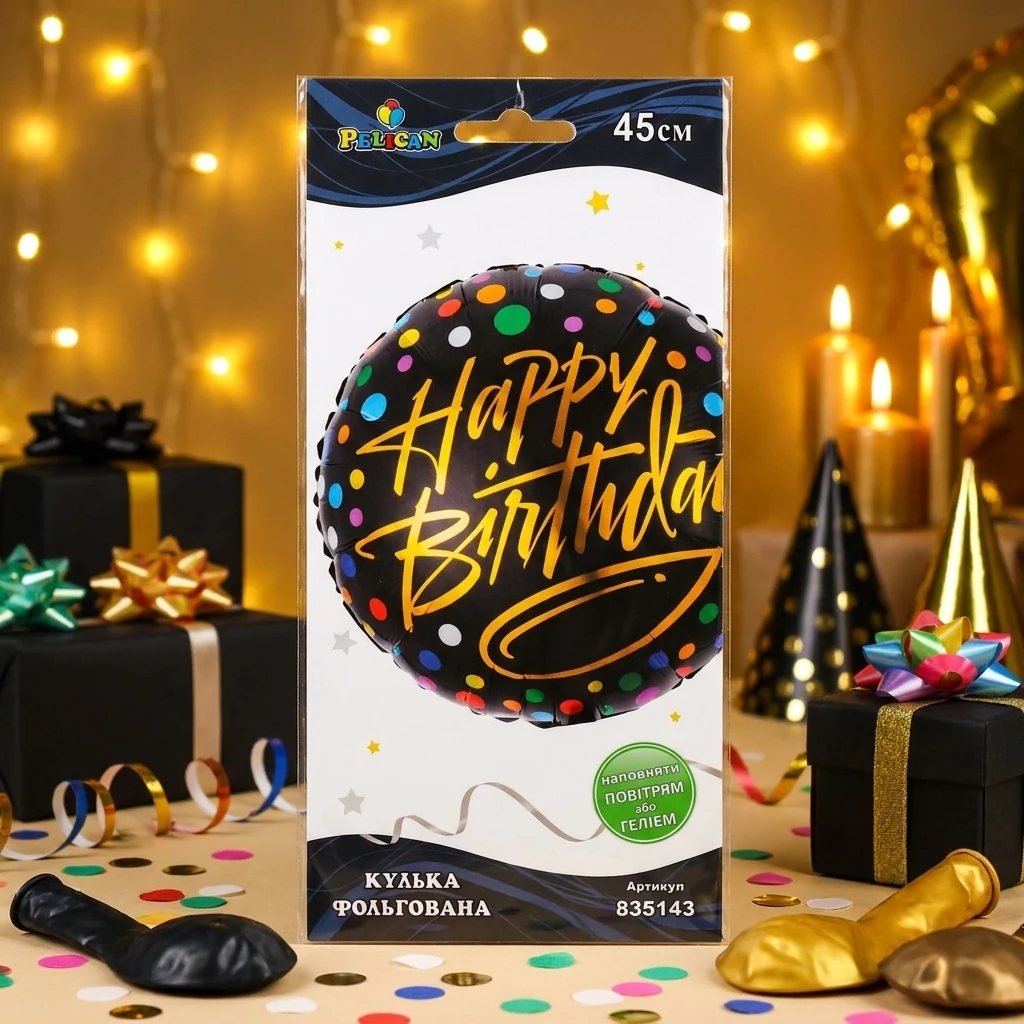 Кулька фольга 45см "Happy Birthday" чорна
