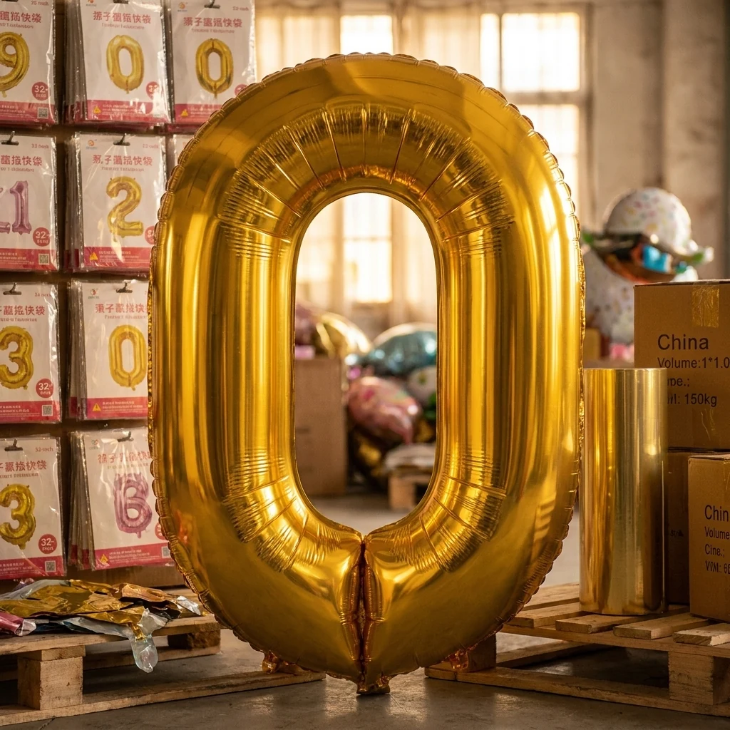 Кулька фольгована у формі цифри "0" 75 см ненадутий, колір золотий, Китай