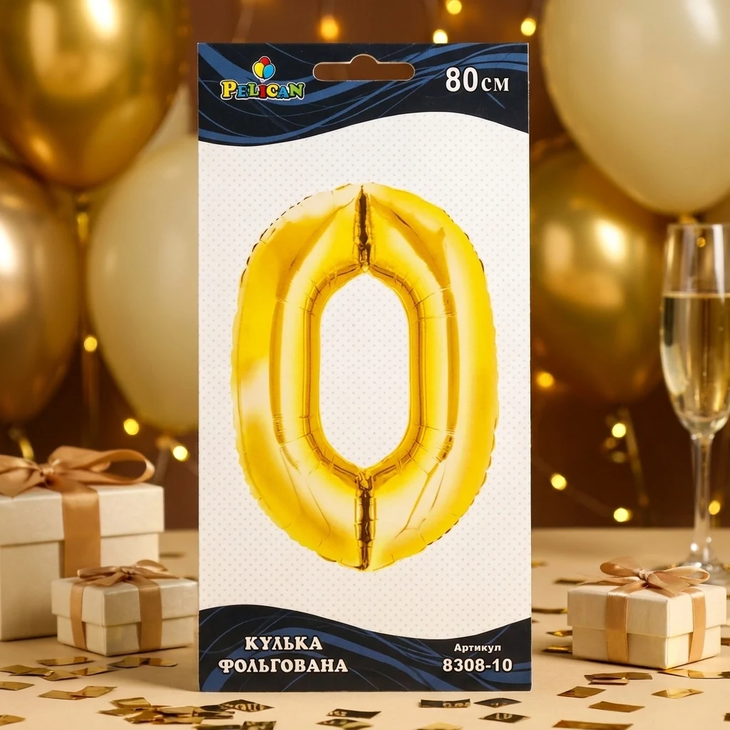 Кулька фольгована у формі цифри "0" 80 см, колір золотий, ТМ Pelican