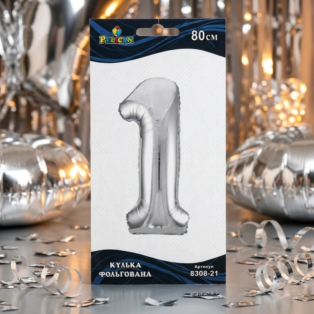 Кулька фольгована у формі цифри "1" 80 см, колір срібло, ТМ Pelican