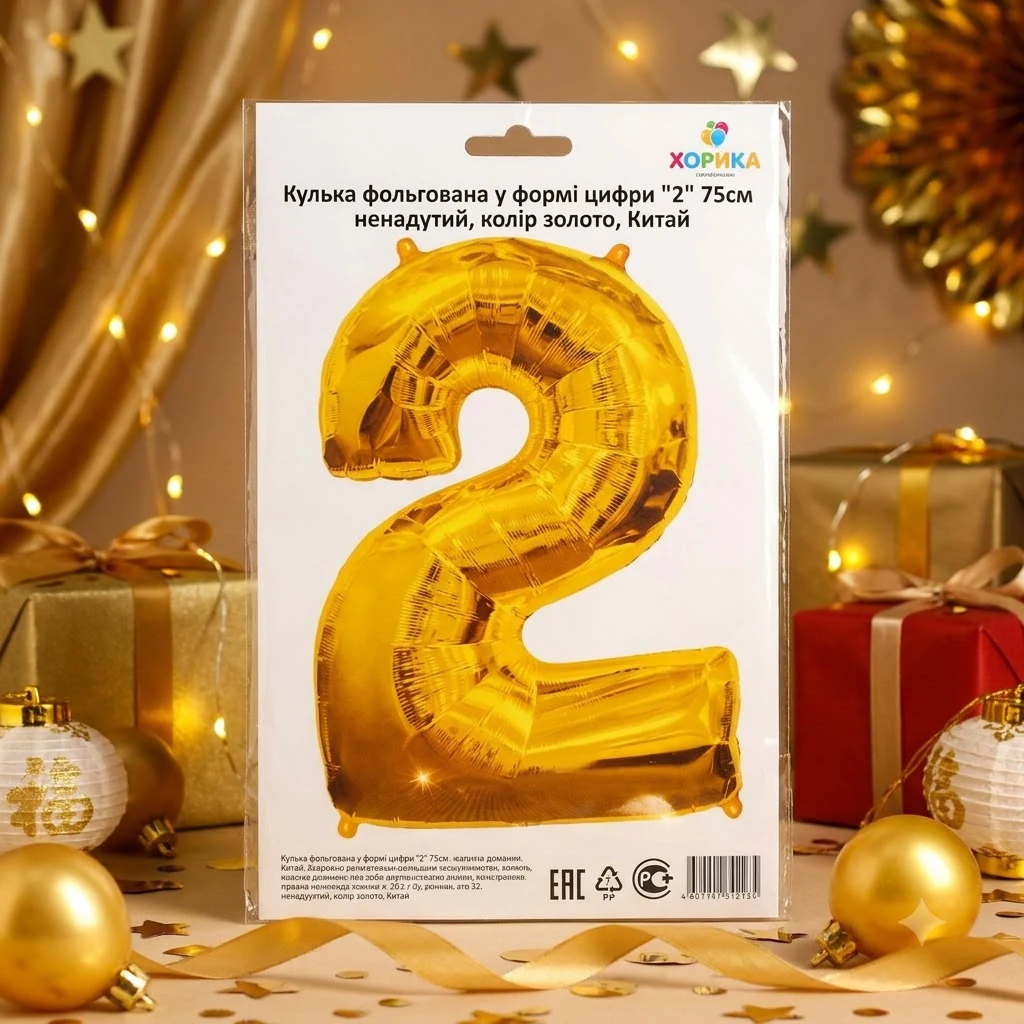 Кулька фольгована у формі цифри "2" 75см ненадутий, колір золото, Китай