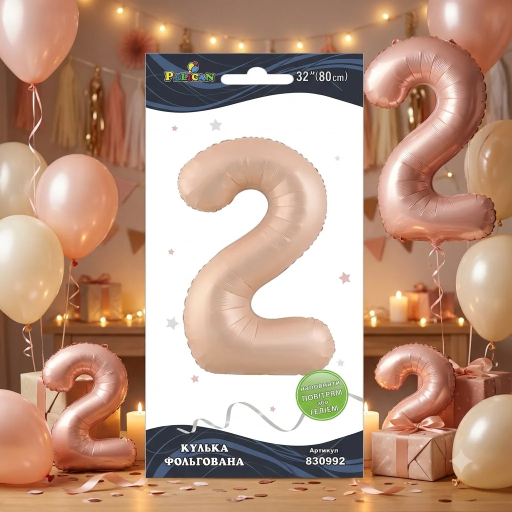 Кулька фольгована у формі цифри "2" 80 см, колір рожевий Blush, ТМ Pelican