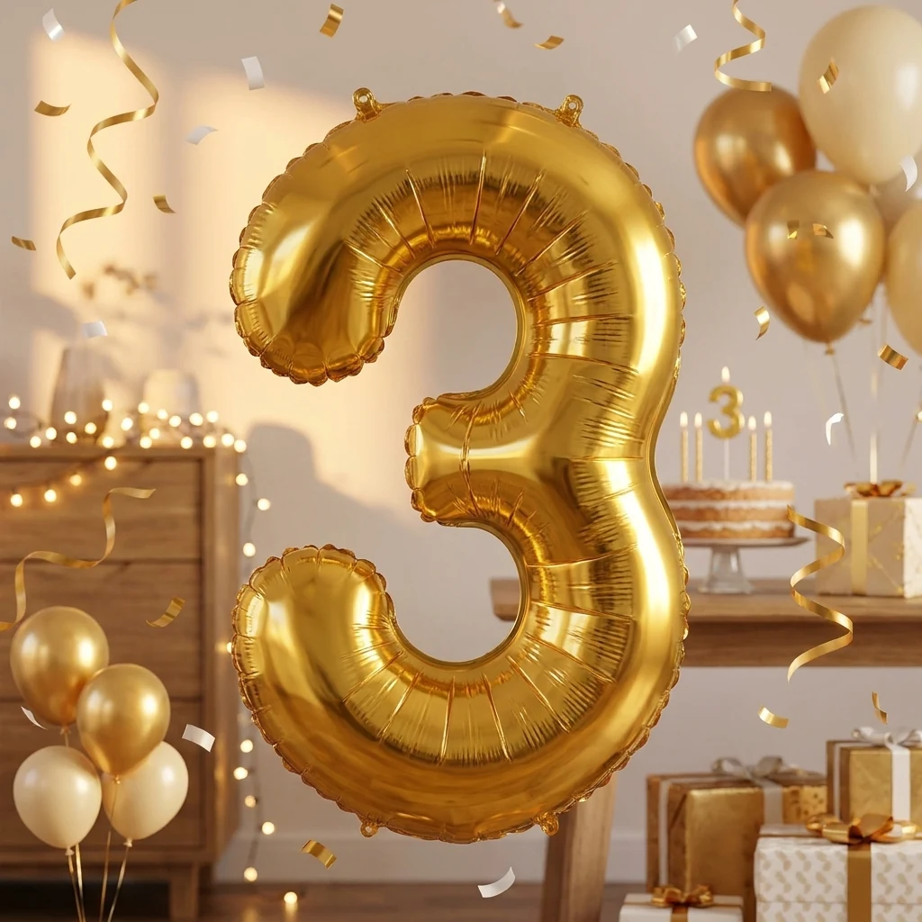 Кулька фольгована у формі цифри "3" 40см золотого кольору