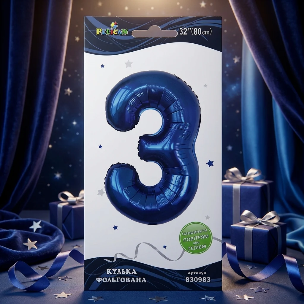 Кулька фольгована у формі цифри "3" 80 см, колір індиго, ТМ Pelican