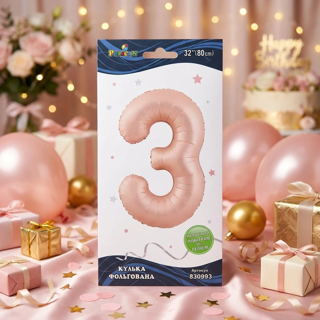 Кулька фольгована у формі цифри "3" 80 см, колір рожевий Blush, ТМ Pelican