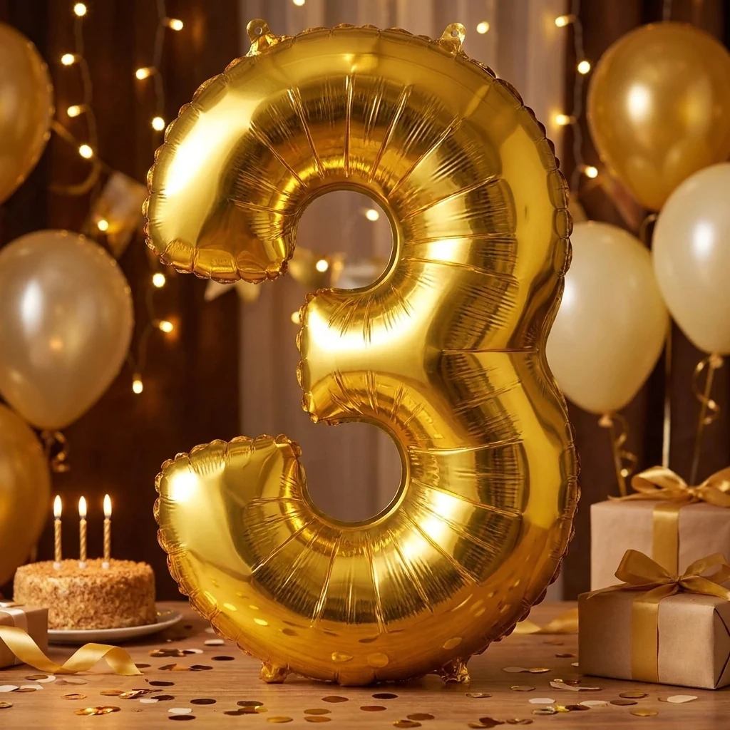 Кулька фольгована у формі цифри "3" 80 см ненадутий, колір золото, Китай