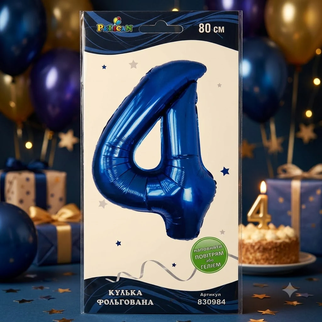 Кулька фольгована у формі цифри "4" 80 см, колір індиго, ТМ Pelican