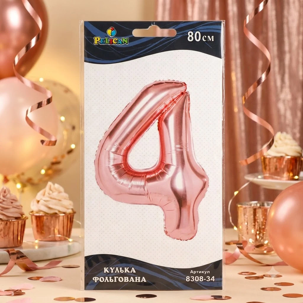Кулька фольгована у формі цифри "4" 80 см, колір рожеве золото, ТМ Pelican