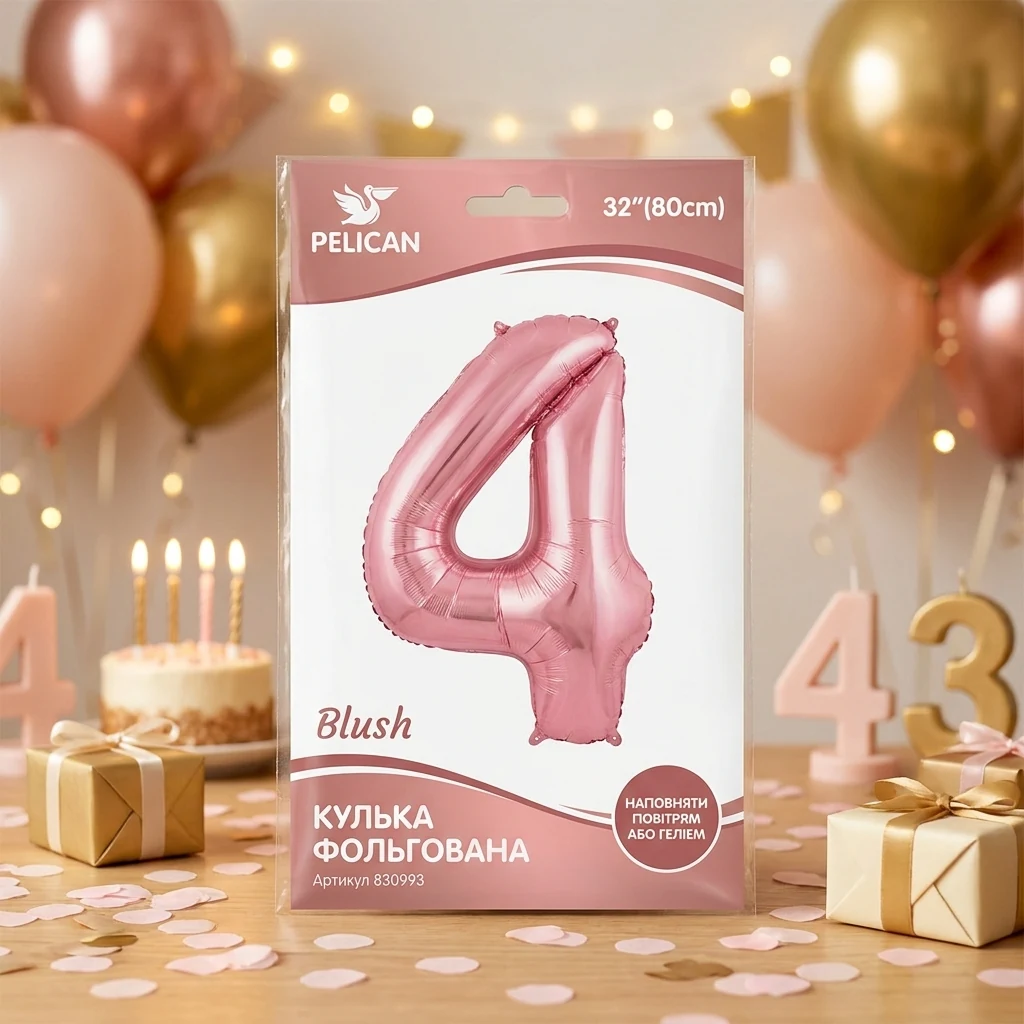 Кулька фольгована у формі цифри "4" 80 см, колір рожевий Blush, ТМ Pelican