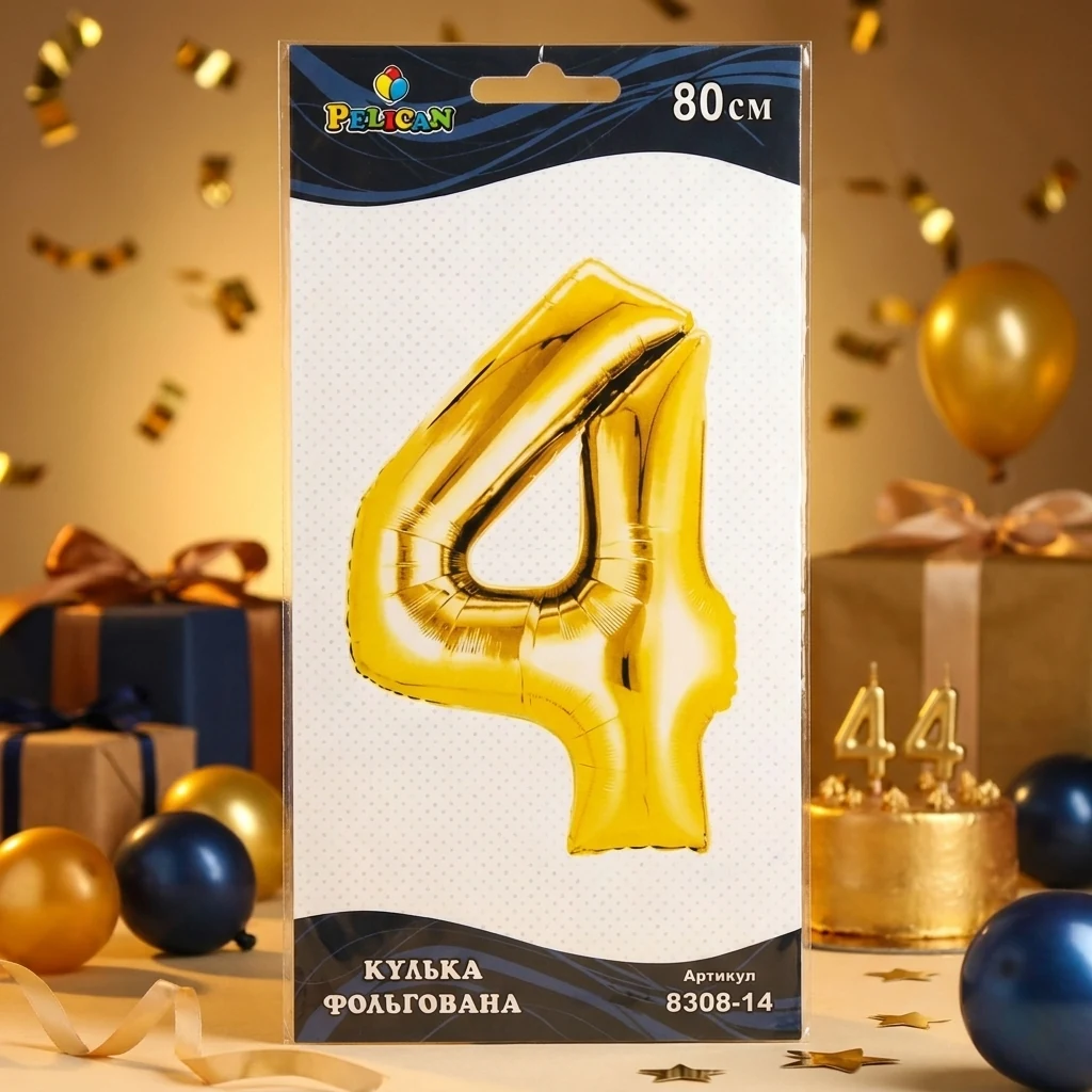 Кулька фольгована у формі цифри "4" 80 см, колір золотий, ТМ Pelican
