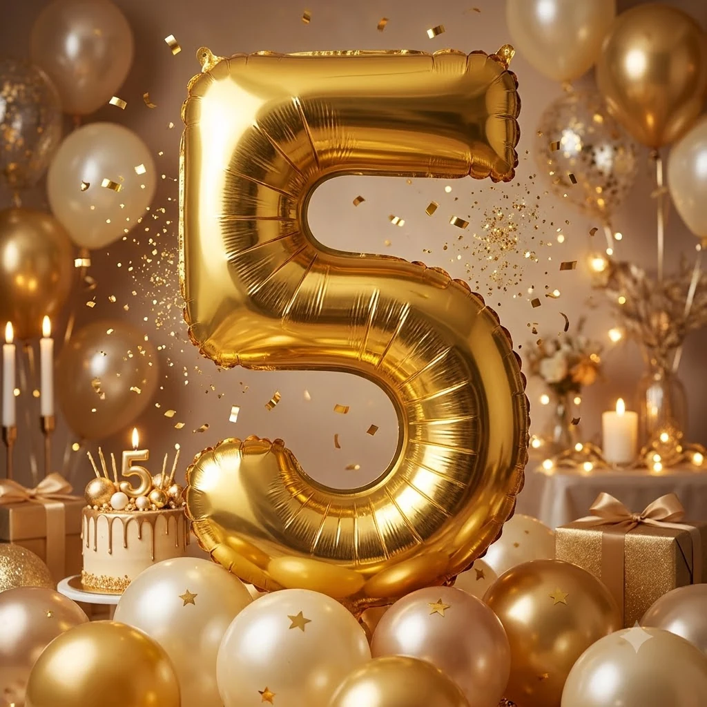 Кулька фольгована у формі цифри "5" 40см золотого кольору