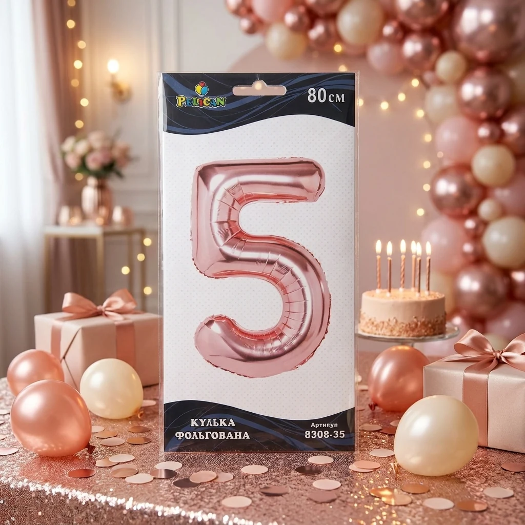 Кулька фольгована у формі цифри "5" 80 см, колір рожеве золото, ТМ Pelican