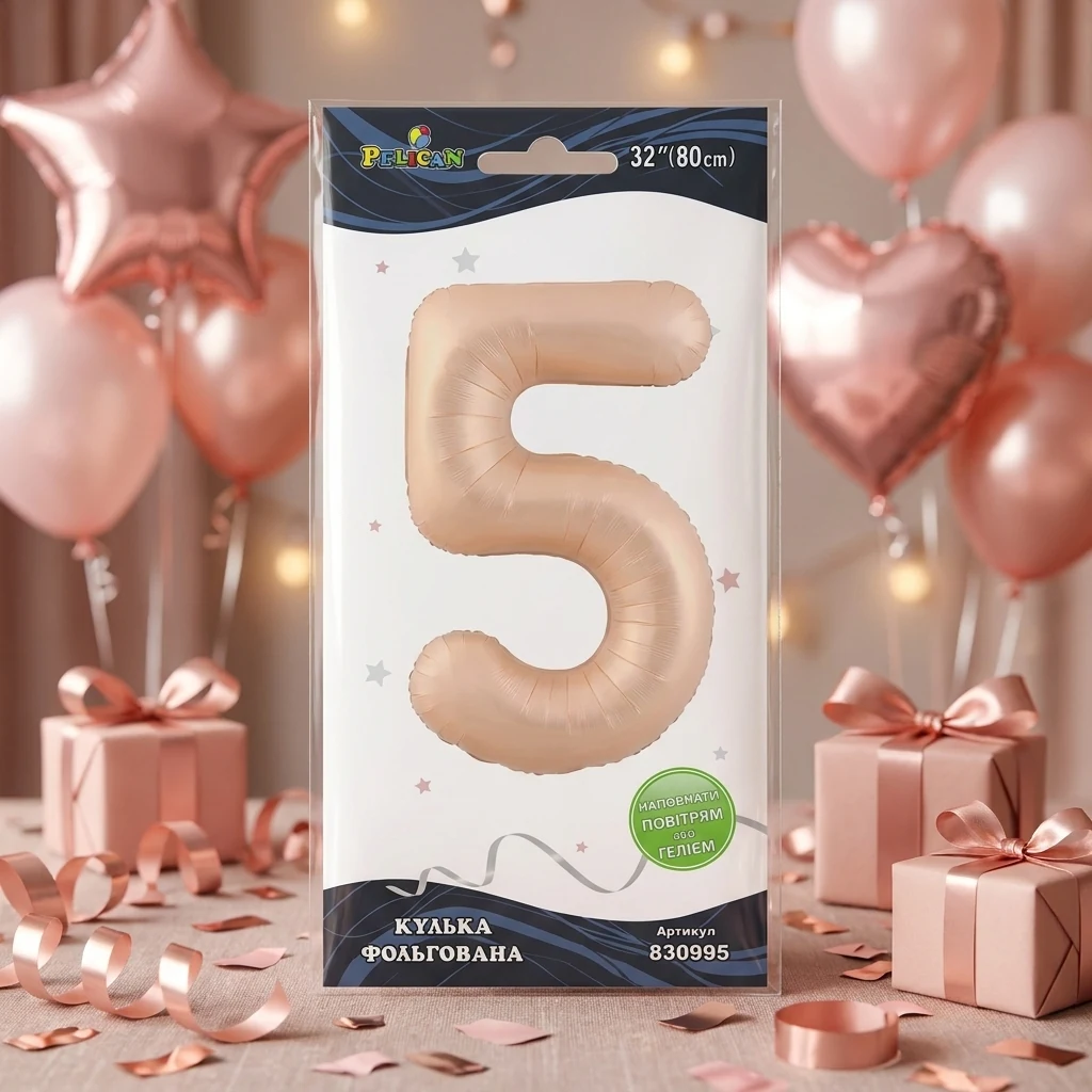Кулька фольгована у формі цифри "5" 80 см, колір рожевий Blush, ТМ Pelican