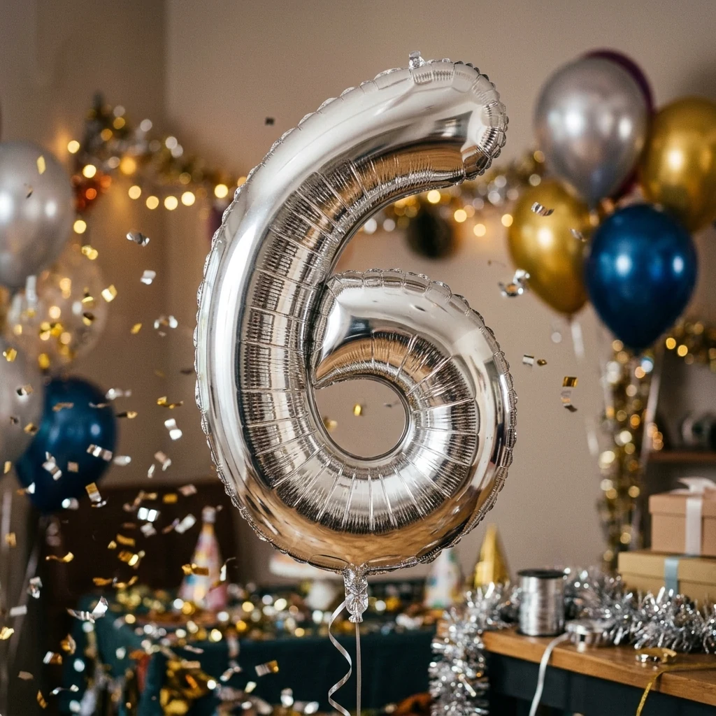 Кулька фольгована у формі цифри "6" 75 см ненадутий, колір срібло, Китай