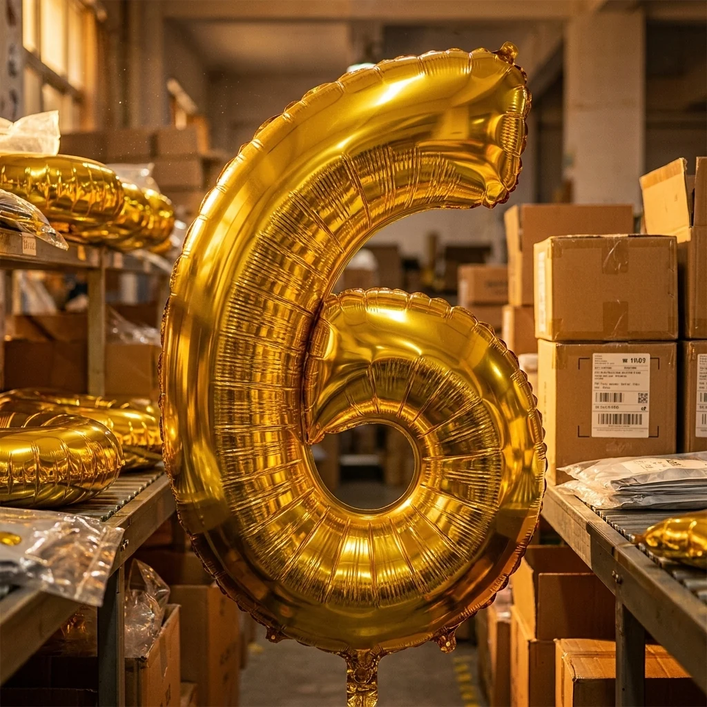 Кулька фольгована у формі цифри "6" 75 см ненадутий, колір золото, Китай